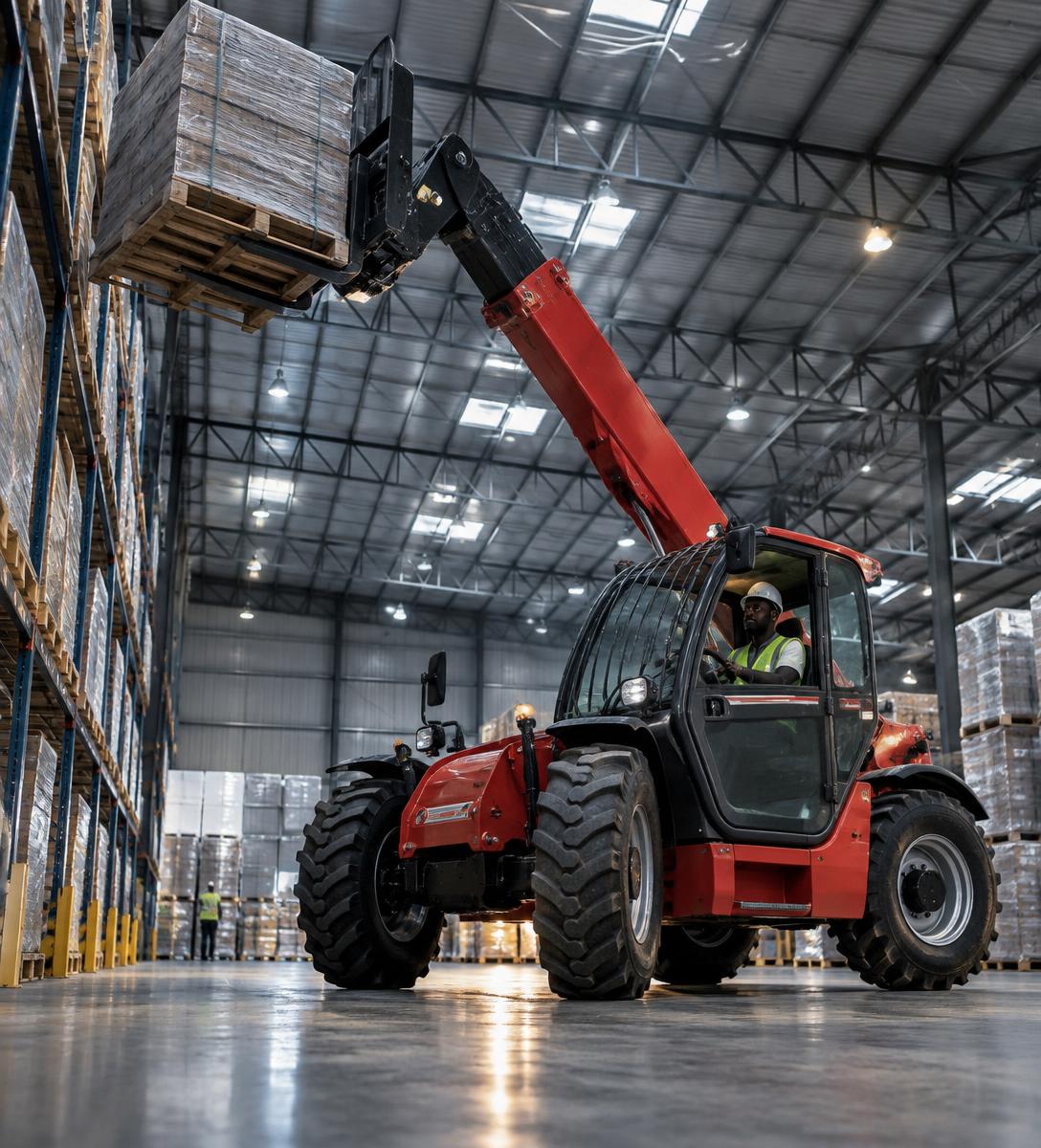 Telehandler lifting a pallet in a warehouse